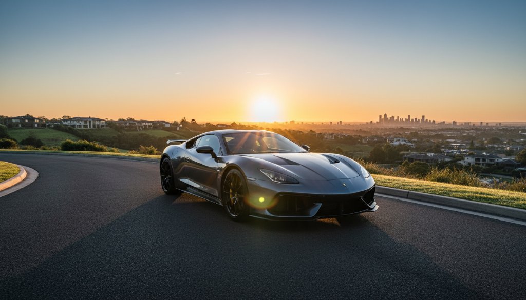 An epic moment captured by a luxury car photography Doncaster East specialist, featuring a sleek, modern sports car parked majestically at sunrise overlooking the Doncaster East skyline, with dramatic lens flare and professional colour grading.