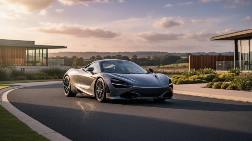 A dramatic, low-angle shot of a gleaming midnight blue luxury sports car, professionally lit with golden hour light reflecting off its polished surface, parked on a winding asphalt road leading through a manicured estate in Lucas, Victoria, highlighting the car's sleek lines and the expansive, vibrant Australian landscape in the background. This is a prime example of Luxury Car Photography Lucas Estate Victoria showcasing a vehicle in its full glory.