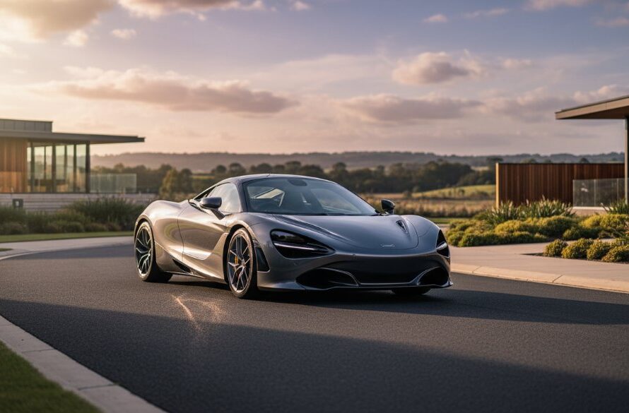 A dramatic, low-angle shot of a gleaming midnight blue luxury sports car, professionally lit with golden hour light reflecting off its polished surface, parked on a winding asphalt road leading through a manicured estate in Lucas, Victoria, highlighting the car's sleek lines and the expansive, vibrant Australian landscape in the background. This is a prime example of Luxury Car Photography Lucas Estate Victoria showcasing a vehicle in its full glory.