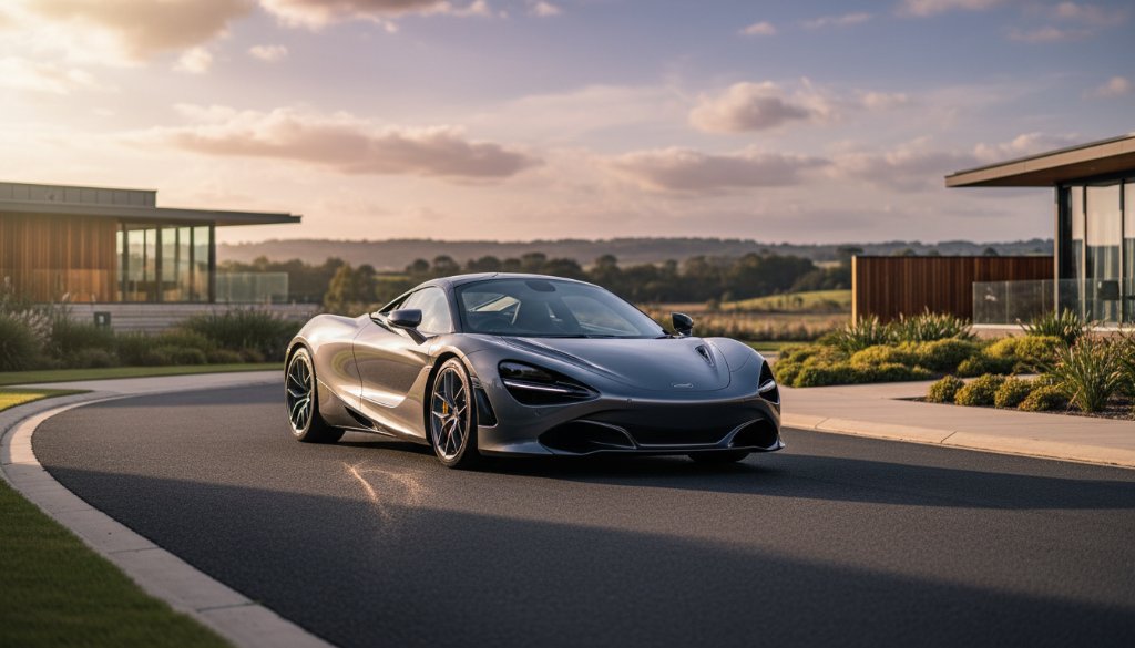 A dramatic, low-angle shot of a gleaming midnight blue luxury sports car, professionally lit with golden hour light reflecting off its polished surface, parked on a winding asphalt road leading through a manicured estate in Lucas, Victoria, highlighting the car's sleek lines and the expansive, vibrant Australian landscape in the background. This is a prime example of Luxury Car Photography Lucas Estate Victoria showcasing a vehicle in its full glory.