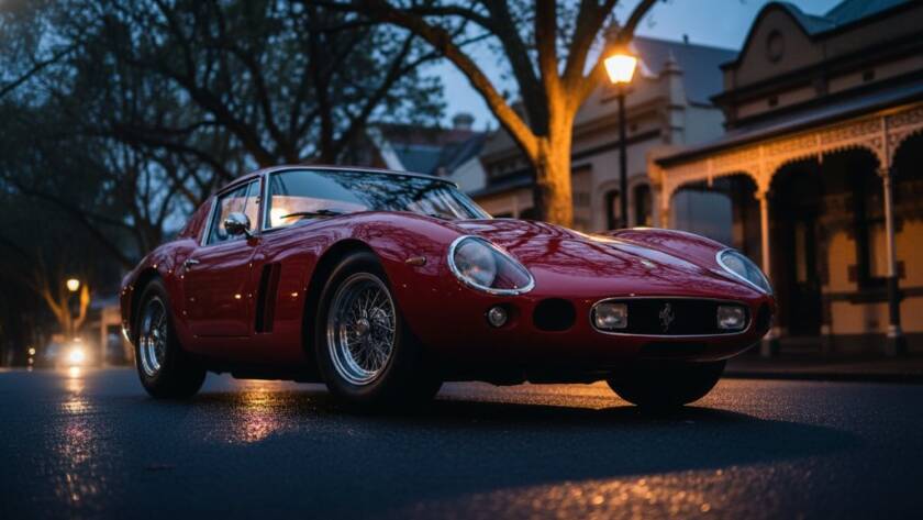 Dramatic cinematic photograph of a gleaming luxury sports car parked gracefully at dusk on a tree-lined street in Malvern, Victoria, showcasing its exquisite design under the golden hour glow, embodying exceptional Luxury Car Photography Malvern Victoria.