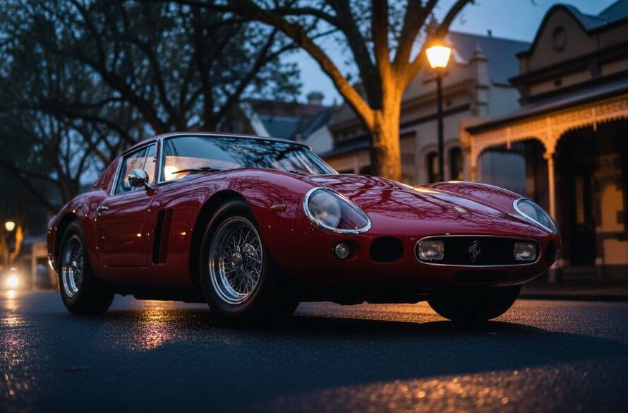 Dramatic cinematic photograph of a gleaming luxury sports car parked gracefully at dusk on a tree-lined street in Malvern, Victoria, showcasing its exquisite design under the golden hour glow, embodying exceptional Luxury Car Photography Malvern Victoria.