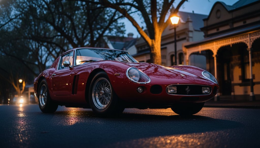 Dramatic cinematic photograph of a gleaming luxury sports car parked gracefully at dusk on a tree-lined street in Malvern, Victoria, showcasing its exquisite design under the golden hour glow, embodying exceptional Luxury Car Photography Malvern Victoria.
