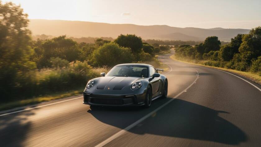 A stunning, dramatic photograph of a sleek, dark luxury sports car parked majestically at sunset on a quiet road near Officer, Victoria, with rolling hills and a golden sky in the background, expertly highlighting the vehicle's contours and reflecting the warm light. This captures the essence of luxury car photography Officer Victoria.