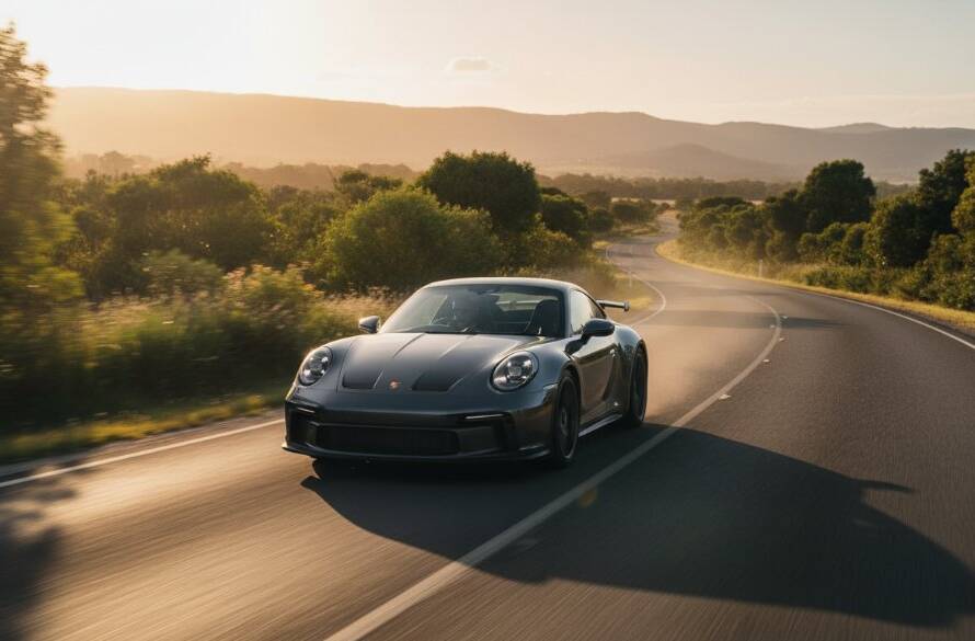 A stunning, dramatic photograph of a sleek, dark luxury sports car parked majestically at sunset on a quiet road near Officer, Victoria, with rolling hills and a golden sky in the background, expertly highlighting the vehicle's contours and reflecting the warm light. This captures the essence of luxury car photography Officer Victoria.