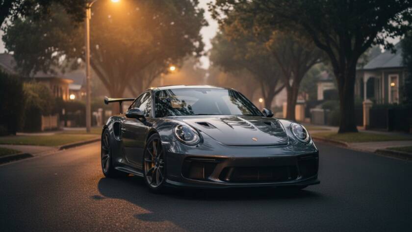 Dramatic low-angle shot of a sleek, dark luxury sports car, possibly a classic muscle car or a modern supercar, expertly illuminated by golden hour light reflecting off its polished surface, parked on a quiet, tree-lined street in Ormond, Victoria. The scene captures the essence of luxury car photography Ormond Victoria, showcasing its powerful design with a cinematic, color-graded aesthetic.