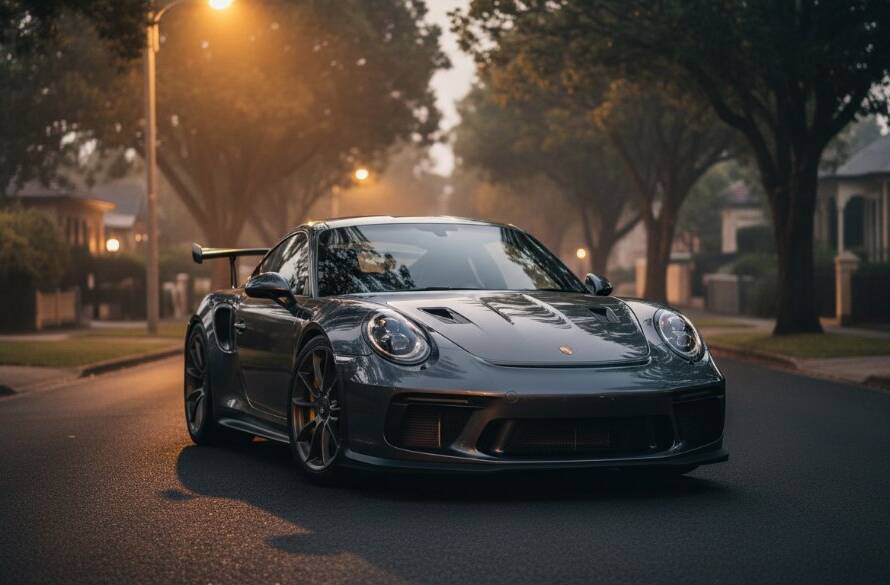 Dramatic low-angle shot of a sleek, dark luxury sports car, possibly a classic muscle car or a modern supercar, expertly illuminated by golden hour light reflecting off its polished surface, parked on a quiet, tree-lined street in Ormond, Victoria. The scene captures the essence of luxury car photography Ormond Victoria, showcasing its powerful design with a cinematic, color-graded aesthetic.