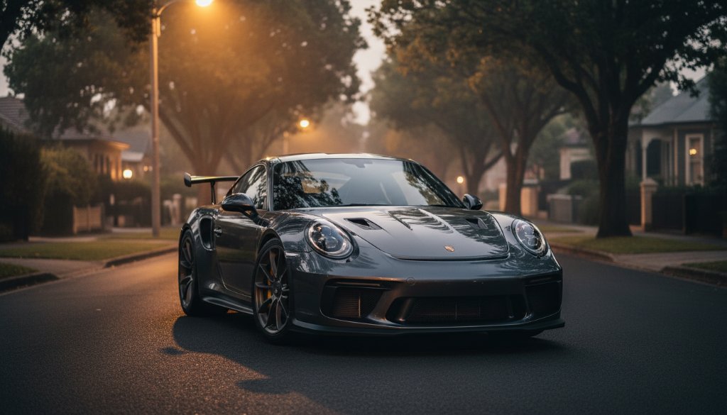Dramatic low-angle shot of a sleek, dark luxury sports car, possibly a classic muscle car or a modern supercar, expertly illuminated by golden hour light reflecting off its polished surface, parked on a quiet, tree-lined street in Ormond, Victoria. The scene captures the essence of luxury car photography Ormond Victoria, showcasing its powerful design with a cinematic, color-graded aesthetic.