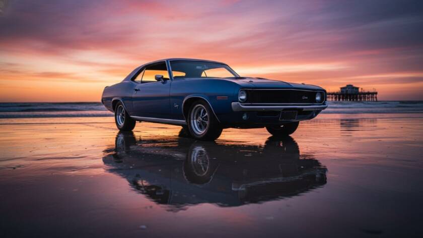 A low-angle, cinematic photograph of a gleaming vintage muscle car parked on the sandy foreshore at sunset, with the calm waters of Port Phillip Bay and the Seaford pier in the background, bathed in golden hour light, showcasing luxury car photography Seaford Beach Victoria in an epic moment.