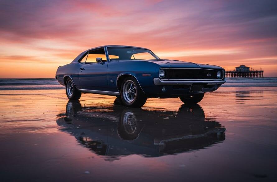 A low-angle, cinematic photograph of a gleaming vintage muscle car parked on the sandy foreshore at sunset, with the calm waters of Port Phillip Bay and the Seaford pier in the background, bathed in golden hour light, showcasing luxury car photography Seaford Beach Victoria in an epic moment.