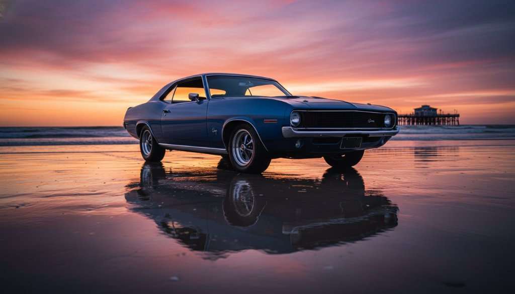 A low-angle, cinematic photograph of a gleaming vintage muscle car parked on the sandy foreshore at sunset, with the calm waters of Port Phillip Bay and the Seaford pier in the background, bathed in golden hour light, showcasing luxury car photography Seaford Beach Victoria in an epic moment.