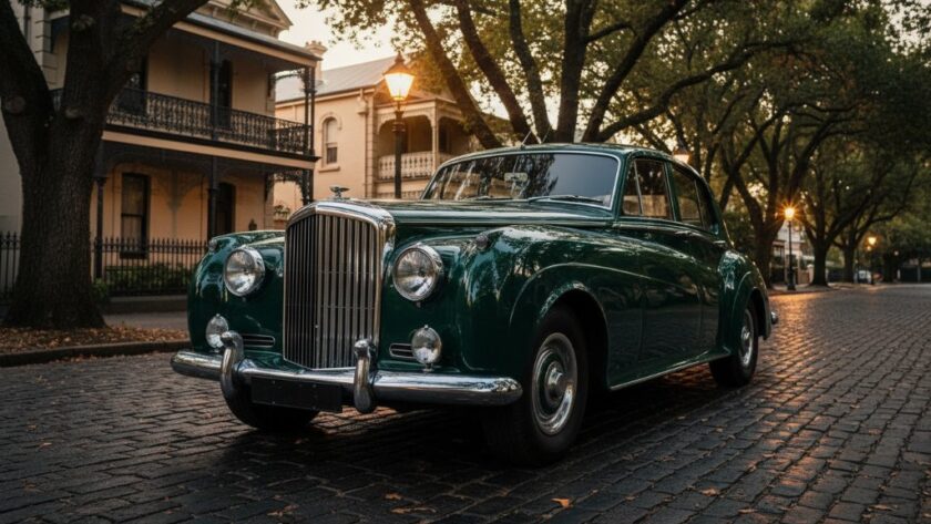 Dramatic night shot of a vintage luxury car reflecting the historic architecture of Soldiers Hill, Ballarat, illuminated by professional lighting, showcasing exquisite Luxury Car Photography Soldiers Hill Ballarat in an epic moment.
