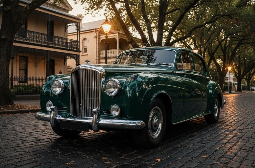 Dramatic night shot of a vintage luxury car reflecting the historic architecture of Soldiers Hill, Ballarat, illuminated by professional lighting, showcasing exquisite Luxury Car Photography Soldiers Hill Ballarat in an epic moment.
