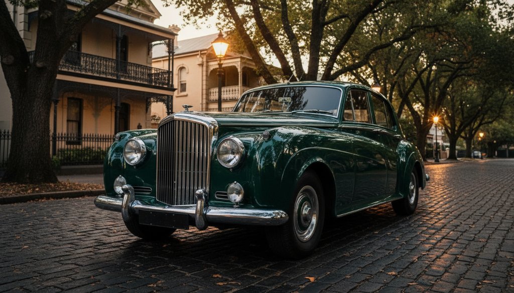 Dramatic night shot of a vintage luxury car reflecting the historic architecture of Soldiers Hill, Ballarat, illuminated by professional lighting, showcasing exquisite Luxury Car Photography Soldiers Hill Ballarat in an epic moment.