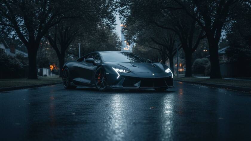 A dramatically lit high-performance luxury car captured in a stunning, low-angle shot during a luxury car photography Templestowe Lower bespoke shoot, showcasing its sleek lines under golden hour light on a quiet Templestowe Lower street, with blurred city lights in the background.