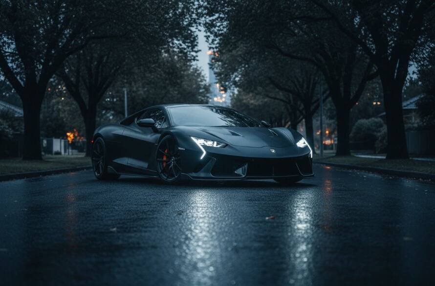 A dramatically lit high-performance luxury car captured in a stunning, low-angle shot during a luxury car photography Templestowe Lower bespoke shoot, showcasing its sleek lines under golden hour light on a quiet Templestowe Lower street, with blurred city lights in the background.