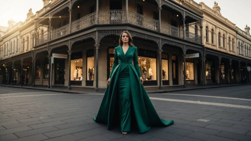 Dramatic, high-fashion portrait captured during a luxury fashion editorial photography Armadale style stories shoot, featuring a model in a sophisticated gown against the elegant backdrop of High Street Armadale at twilight, with golden hour light highlighting architectural details.