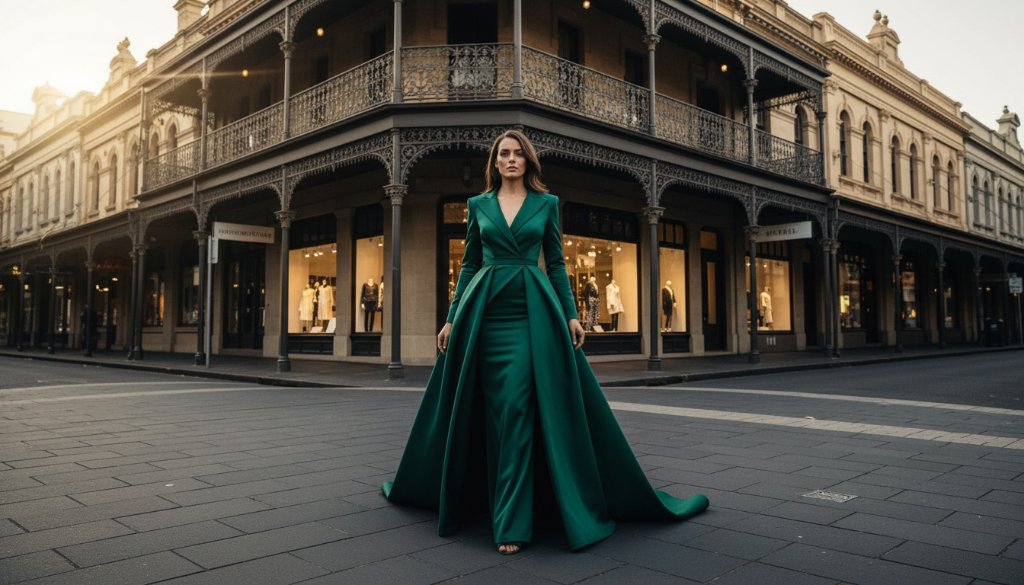 Dramatic, high-fashion portrait captured during a luxury fashion editorial photography Armadale style stories shoot, featuring a model in a sophisticated gown against the elegant backdrop of High Street Armadale at twilight, with golden hour light highlighting architectural details.
