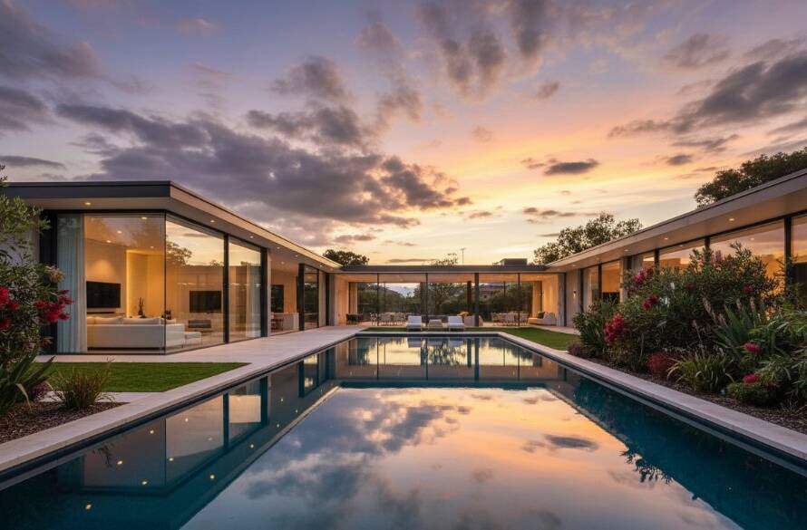 A wide-angle, epic moment photograph showcasing a stunning, modern luxury home in Canterbury Victoria at twilight, with interior lights glowing warmly and an immaculately landscaped garden, expertly captured for luxury property advertising photography. The dramatic sky reflects off the pool, highlighting the property's grandeur.