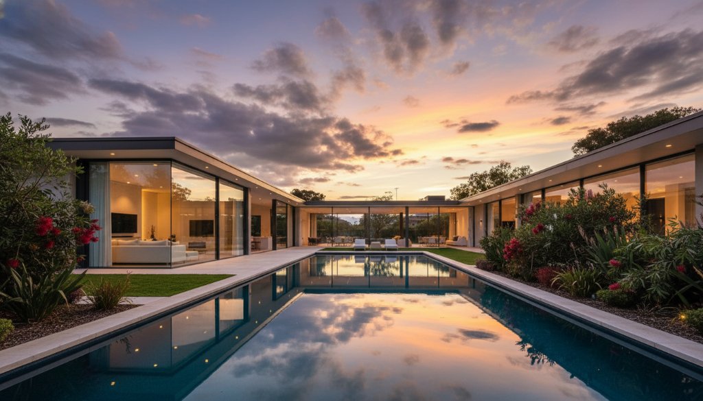 A wide-angle, epic moment photograph showcasing a stunning, modern luxury home in Canterbury Victoria at twilight, with interior lights glowing warmly and an immaculately landscaped garden, expertly captured for luxury property advertising photography. The dramatic sky reflects off the pool, highlighting the property's grandeur.