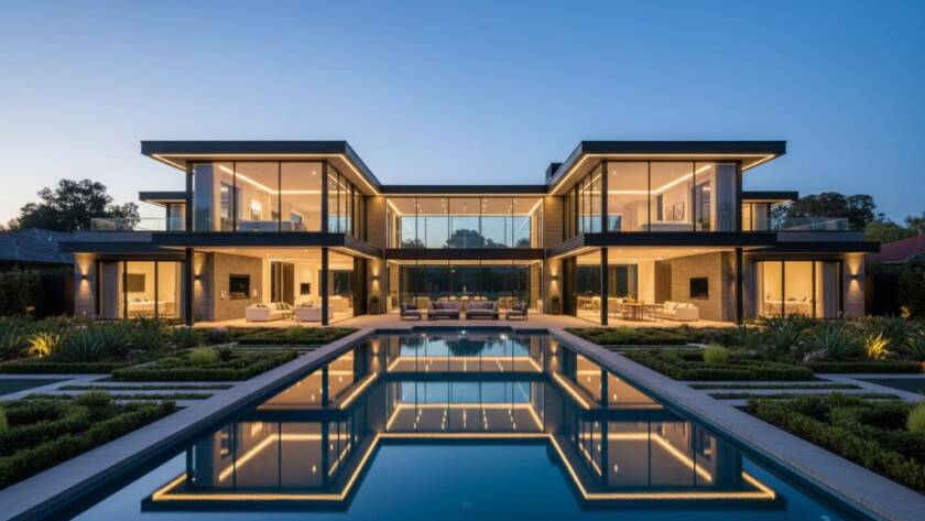 A stunning twilight 'epic moment' photograph showcasing a grand Templestowe luxury home, featuring impeccable exterior lighting and lush landscaping, perfectly captured for Luxury Real Estate Photography Templestowe Showcase.