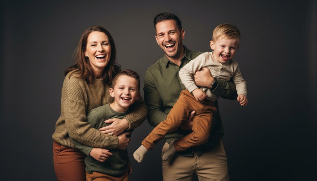 An emotionally resonant, wide-angle professional photograph capturing a joyous family of four mid-embrace in a sleek studio, with soft, dramatic rim lighting highlighting their faces and a backdrop of elegant, muted grey. This epic moment embodies Luxury Studio Family Photos Malvern East Victoria, showcasing deep connections and timeless joy.