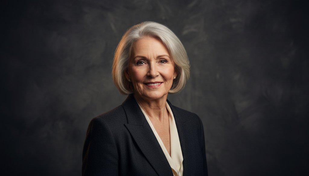 A dramatic, high-key studio portrait of a successful professional woman in Sandringham, radiating confidence and elegance, captured with luxury studio portraits Sandringham creative photography techniques, a timeless and impactful 'epic moment' portfolio hero shot.