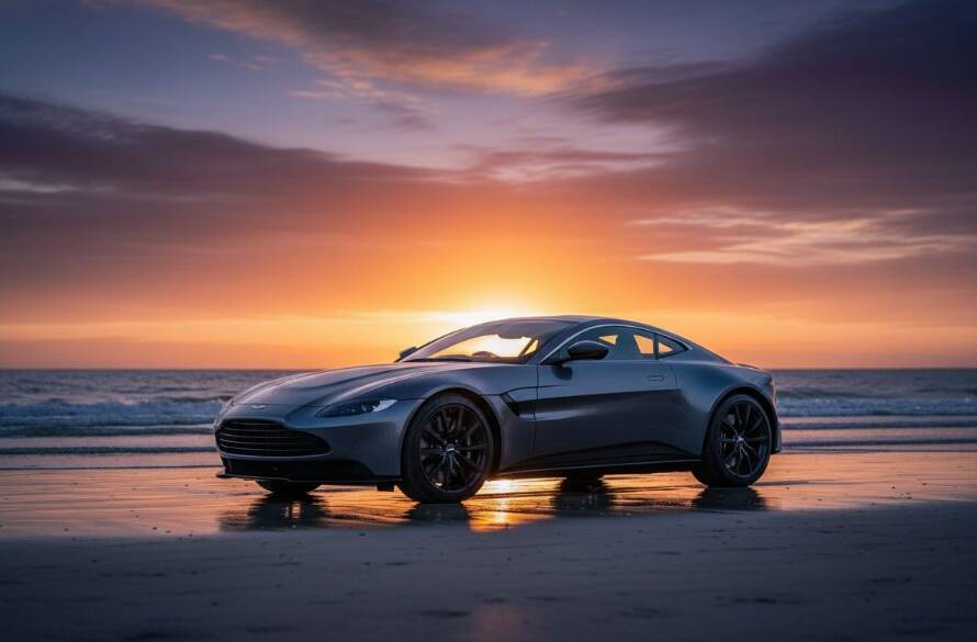 An epic moment of a sleek, dark luxury sports car parked on the sandy edge of Carrum Beach at sunset, with golden light reflecting off its polished surface and the tranquil bay in the background. The scene showcases professional luxury vehicle photography Carrum beach sunsets, capturing motion and elegance.