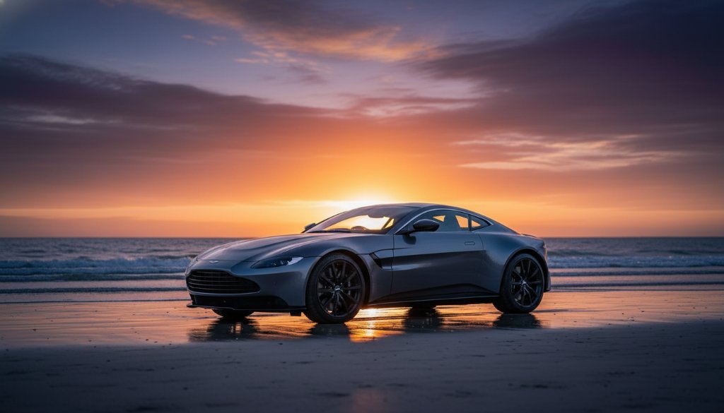 An epic moment of a sleek, dark luxury sports car parked on the sandy edge of Carrum Beach at sunset, with golden light reflecting off its polished surface and the tranquil bay in the background. The scene showcases professional luxury vehicle photography Carrum beach sunsets, capturing motion and elegance.