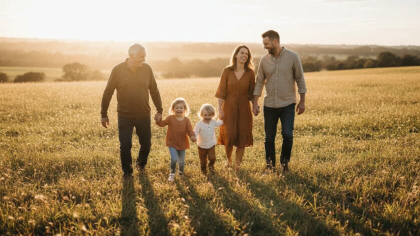 A heartwarming, candid photograph capturing a family's genuine laughter and connection amidst the lush, golden-hour backdrop of a Lyndhurst park, embodying the spirit of Lyndhurst candid family photography genuine moments. Soft, warm light illuminates their faces, creating a timeless memory.