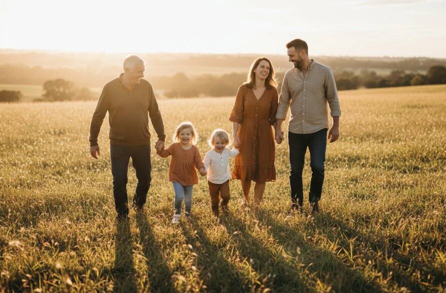 A heartwarming, candid photograph capturing a family's genuine laughter and connection amidst the lush, golden-hour backdrop of a Lyndhurst park, embodying the spirit of Lyndhurst candid family photography genuine moments. Soft, warm light illuminates their faces, creating a timeless memory.