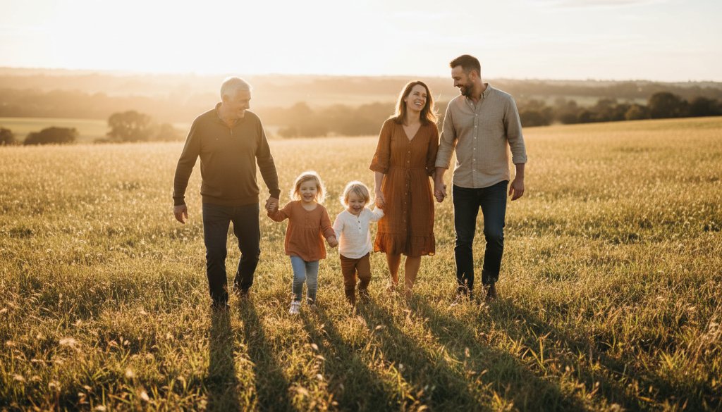 A heartwarming, candid photograph capturing a family's genuine laughter and connection amidst the lush, golden-hour backdrop of a Lyndhurst park, embodying the spirit of Lyndhurst candid family photography genuine moments. Soft, warm light illuminates their faces, creating a timeless memory.