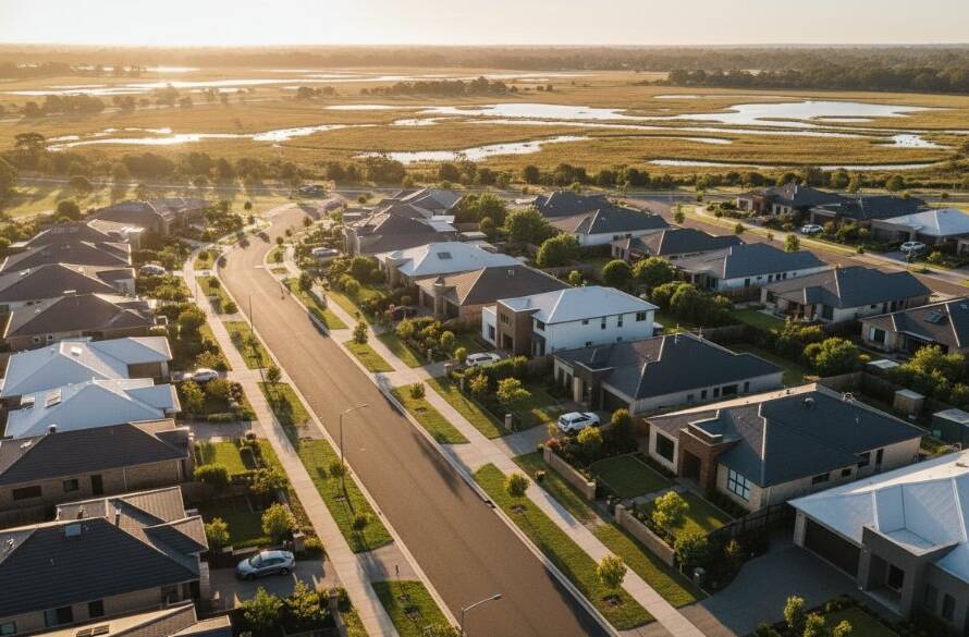 An epic sunrise moment captured via Lyndhurst drone photography, showcasing a beautifully lit, modern residential street winding through lush green spaces in Lyndhurst, Victoria, under a dramatic, golden-hour sky, with soft light illuminating the architecture and natural wetlands in the distance.