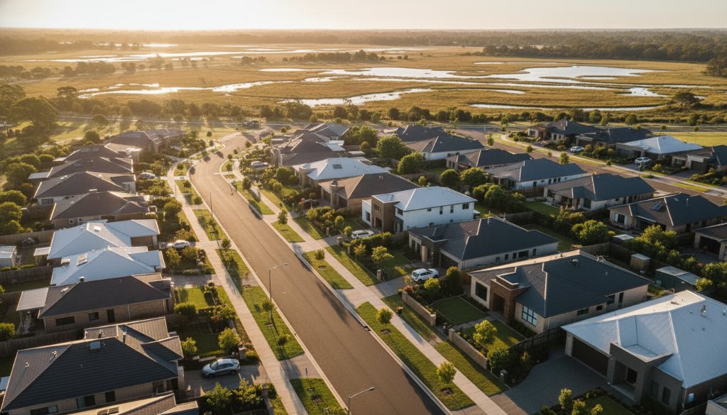 An epic sunrise moment captured via Lyndhurst drone photography, showcasing a beautifully lit, modern residential street winding through lush green spaces in Lyndhurst, Victoria, under a dramatic, golden-hour sky, with soft light illuminating the architecture and natural wetlands in the distance.
