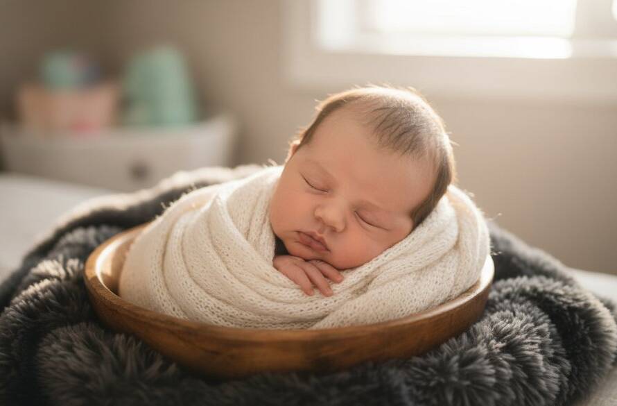 A breathtaking close-up of a sleeping newborn baby's tiny hands gently grasping a parent's finger, illuminated by soft, golden light, captured during a Lyndhurst newborn photography precious moments session, evoking tenderness and new beginnings.