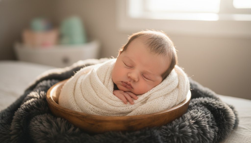 A breathtaking close-up of a sleeping newborn baby's tiny hands gently grasping a parent's finger, illuminated by soft, golden light, captured during a Lyndhurst newborn photography precious moments session, evoking tenderness and new beginnings.