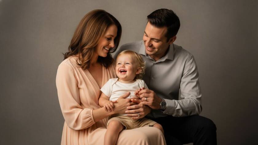 A heartwarming, professionally colour-graded photograph capturing a joyful family moment during a Lyndhurst Victoria boutique studio family photography session. A mother holds her laughing toddler close, bathed in soft, dramatic studio lighting, with the father gently embracing them from behind, creating an intimate and emotional connection.