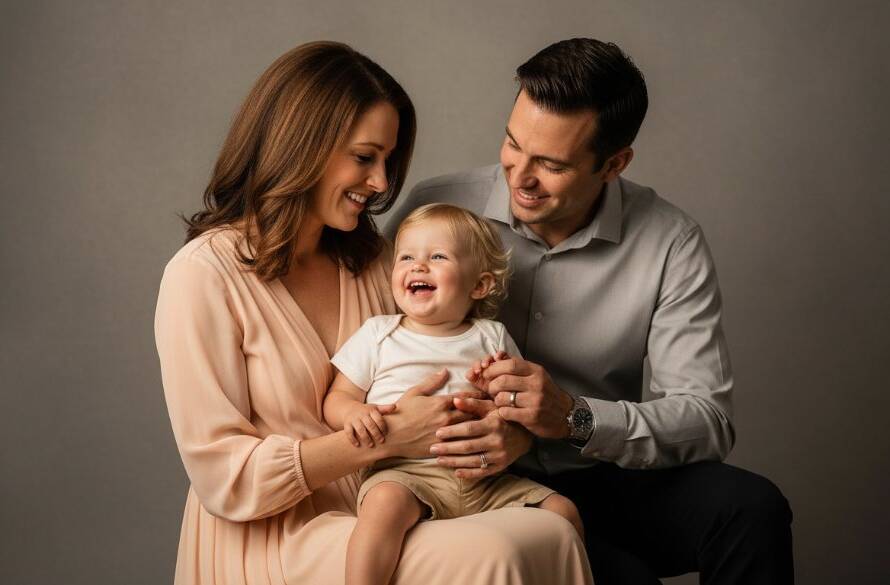 A heartwarming, professionally colour-graded photograph capturing a joyful family moment during a Lyndhurst Victoria boutique studio family photography session. A mother holds her laughing toddler close, bathed in soft, dramatic studio lighting, with the father gently embracing them from behind, creating an intimate and emotional connection.
