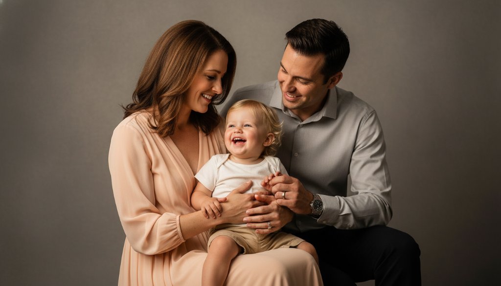 A heartwarming, professionally colour-graded photograph capturing a joyful family moment during a Lyndhurst Victoria boutique studio family photography session. A mother holds her laughing toddler close, bathed in soft, dramatic studio lighting, with the father gently embracing them from behind, creating an intimate and emotional connection.