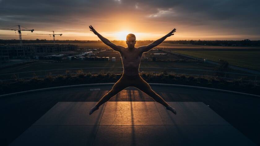 A male dancer in an awe-inspiring, high-energy jump, captured mid-air against a dramatic, moody background in Lyndhurst, Victoria, embodying the essence of dynamic dance photography with powerful lighting and focus.