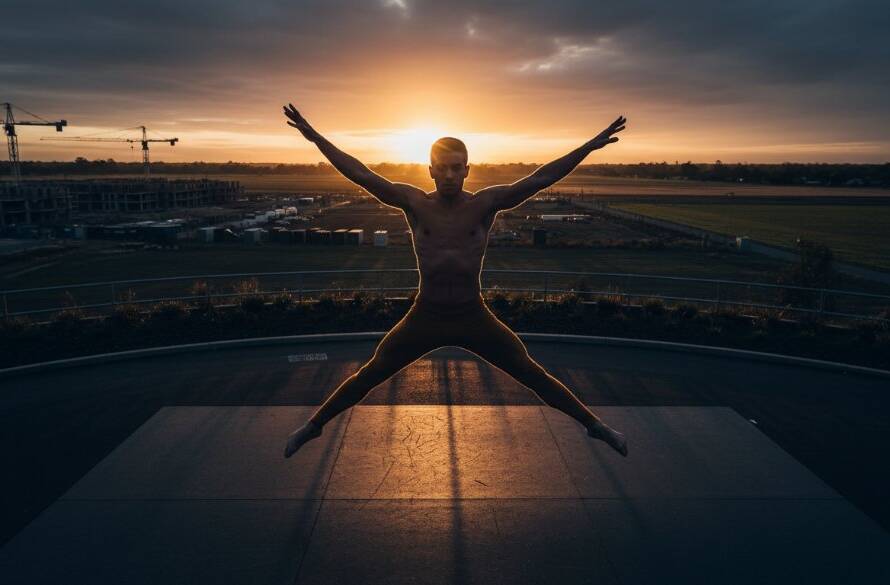 A male dancer in an awe-inspiring, high-energy jump, captured mid-air against a dramatic, moody background in Lyndhurst, Victoria, embodying the essence of dynamic dance photography with powerful lighting and focus.