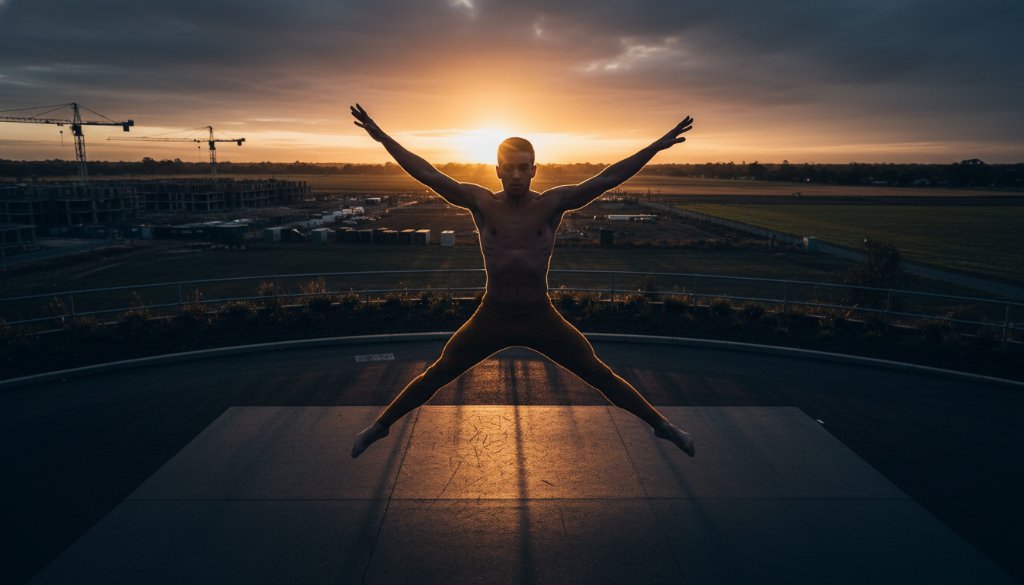 A male dancer in an awe-inspiring, high-energy jump, captured mid-air against a dramatic, moody background in Lyndhurst, Victoria, embodying the essence of dynamic dance photography with powerful lighting and focus.