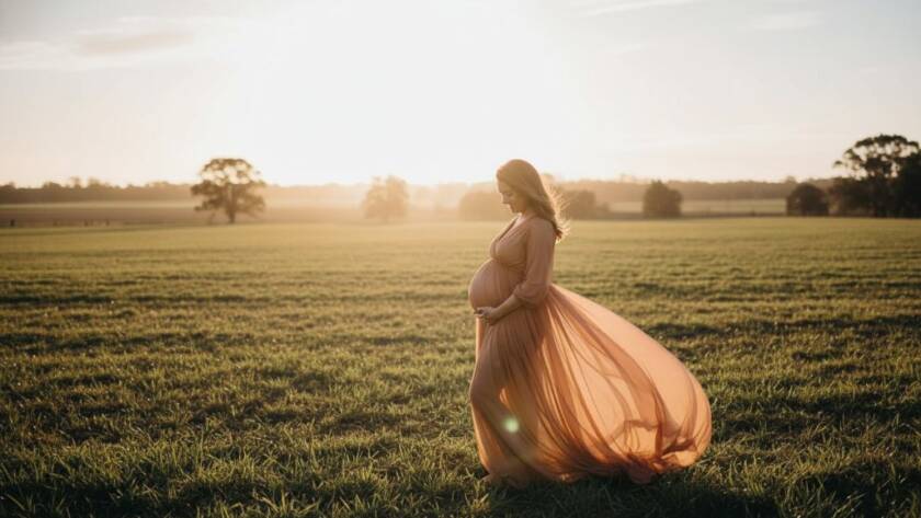 An ethereal Lyndhurst Victoria maternity photography serene outdoor moment, a pregnant woman in a flowing gown at golden hour amidst native Australian flora, her silhouette glowing, looking serene and hopeful.