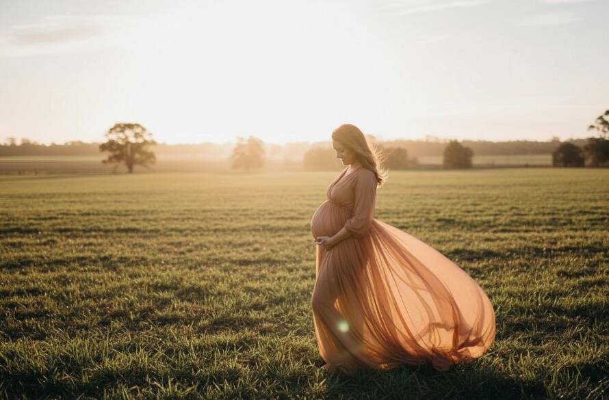 An ethereal Lyndhurst Victoria maternity photography serene outdoor moment, a pregnant woman in a flowing gown at golden hour amidst native Australian flora, her silhouette glowing, looking serene and hopeful.