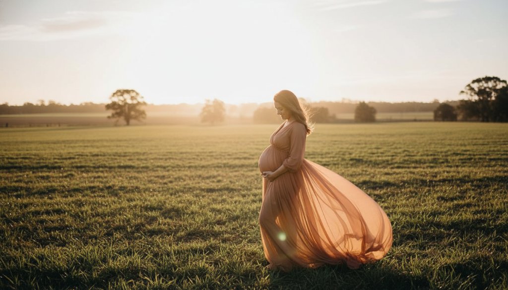 An ethereal Lyndhurst Victoria maternity photography serene outdoor moment, a pregnant woman in a flowing gown at golden hour amidst native Australian flora, her silhouette glowing, looking serene and hopeful.