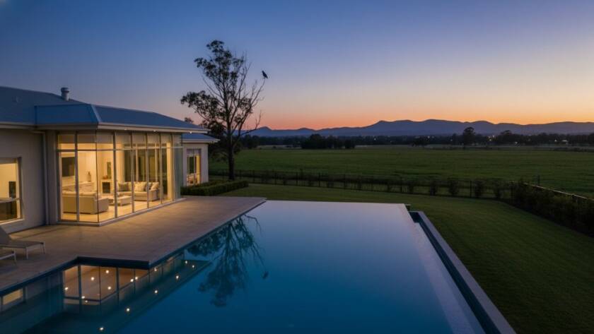 A stunning aerial twilight shot showcasing a modern family home in Lyndhurst, Victoria, bathed in warm interior lights, with the vibrant Dandenong Ranges in the soft distance, epitomizing premium Lyndhurst Victoria Real Estate Photography for Premium Listings.