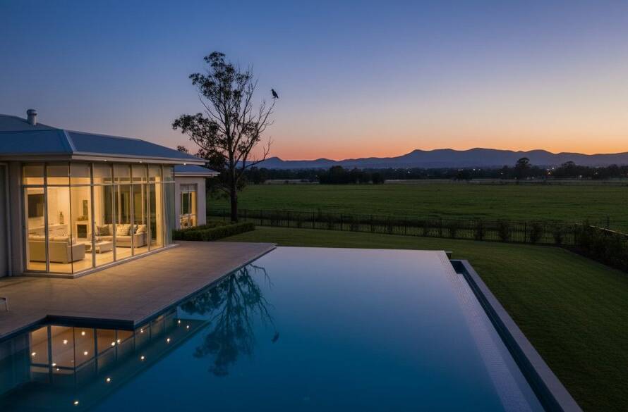 A stunning aerial twilight shot showcasing a modern family home in Lyndhurst, Victoria, bathed in warm interior lights, with the vibrant Dandenong Ranges in the soft distance, epitomizing premium Lyndhurst Victoria Real Estate Photography for Premium Listings.