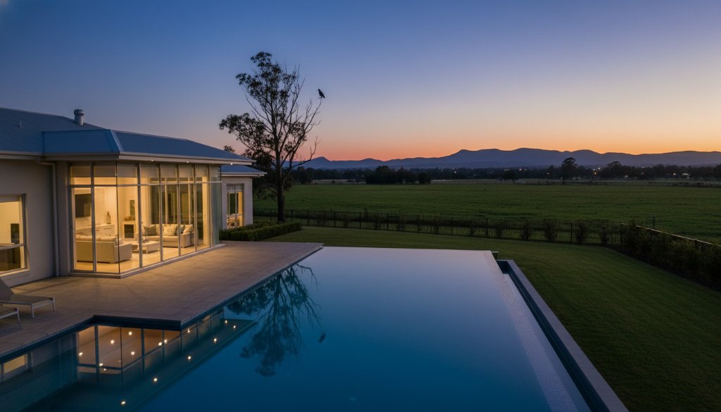 A stunning aerial twilight shot showcasing a modern family home in Lyndhurst, Victoria, bathed in warm interior lights, with the vibrant Dandenong Ranges in the soft distance, epitomizing premium Lyndhurst Victoria Real Estate Photography for Premium Listings.