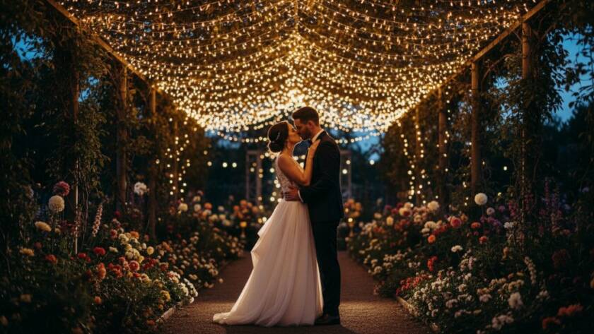 A newlywed couple shares a passionate kiss amidst a beautifully lit garden at dusk, capturing a stunning Lyndhurst Victoria romantic garden wedding photography moment with dramatic bokeh.
