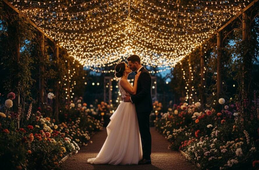 A newlywed couple shares a passionate kiss amidst a beautifully lit garden at dusk, capturing a stunning Lyndhurst Victoria romantic garden wedding photography moment with dramatic bokeh.